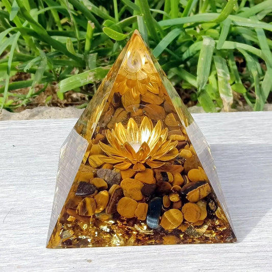 SHINYMO Orgone Pyramid Flower of Life Money Healing Crystals Positive Energy Tiger Eye Stone Luck Wealth Prosperity Attracts Success 6cm