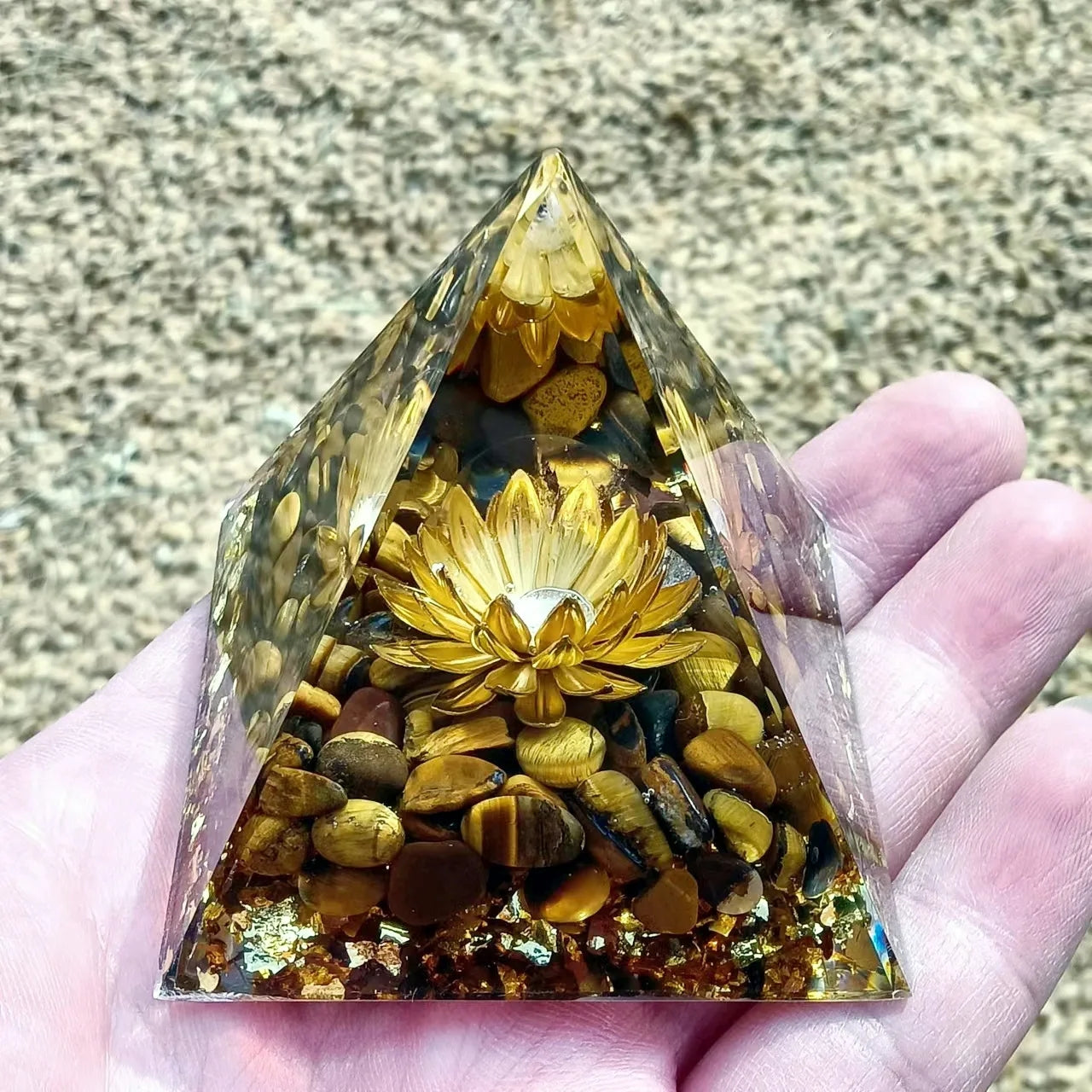 SHINYMO Orgone Pyramid Flower of Life Money Healing Crystals Positive Energy Tiger Eye Stone Luck Wealth Prosperity Attracts Success 6cm